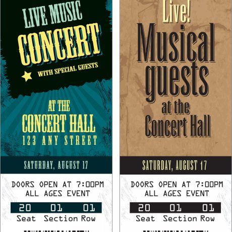 Vector illustration of a two concert tickets. Includes sample text design and design elements. Download includes Illustrator 8 eps, high resolution jpg and png file.