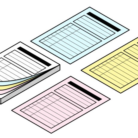 A small carbonless duplicate pad with white, blue, yellow, and pink copies.